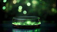 Glowing green liquid in transparent glass bowl with magical sparkles and bokeh lights creating mystical atmosphere for fantasy and science concepts.