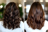 Brunette wavy hairstyles comparison showing dark chocolate and caramel balayage techniques on medium length cuts, styled with soft curls and natural movement.