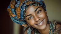 Young African woman wearing traditional colorful headwrap and jewelry smiling warmly at camera in natural indoor lighting for cultural diversity content.