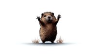 Cute brown hedgehog with raised paws standing between grass tufts on white isolated background, playful cartoon character design for children's books and merchandise.