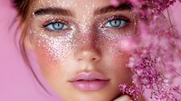 Young woman with bright blue eyes and glitter makeup on pink background with purple flowers, fashion beauty portrait showing natural freckles and pink lips.