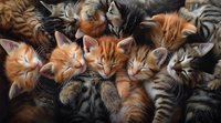Sleeping kittens cuddled together, mix of ginger and tabby cats napping in a cozy pile, showing peaceful expressions and furry faces in close-up view.