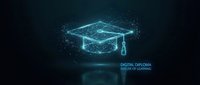 Digital diploma certificate with glowing wireframe graduation cap on dark background, representing online learning, e-learning platforms, digital credentials, and modern education technology solutions.