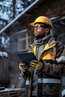 Professional African American construction engineer in safety gear and glasses reviewing documentation at building site. Perfect for construction management, workplace safety, and engineering themes.
