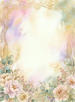 Watercolor floral frame with ornate gold scrollwork, soft pastel flowers, and botanical elements on white background. Isolated design ready for invitations, cards, and wedding stationery projects.