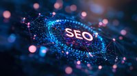 Glowing SEO text surrounded by digital network connections and particles with blue and pink bokeh lights creating futuristic technology visualization.