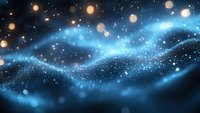 Glowing blue and golden particles flow in waves across dark space, creating an abstract energy stream with bokeh lights and sparkling effects for digital backgrounds.