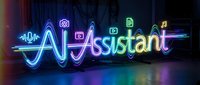 Neon AI Assistant sign glowing with colorful lights and tech icons on dark background for digital technology and artificial intelligence concepts.