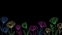 Colorful neon outline flowers on black background creating modern floral border design for digital art and contemporary decoration projects.