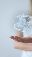 Digital data protection concept with holographic security icons floating above open palm showing cybersecurity technology and information safety solutions.