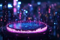 Futuristic circular platform with glowing pink light bars and blue liquid surface creates atmospheric cyberpunk scene against blurred city lights background.