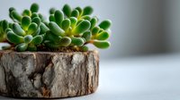 Plump green succulent plant growing in natural wooden log planter against soft blurred background, perfect for home decor and botanical design.