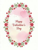Watercolor Valentine's Day card with pink roses and hearts wreath frame on soft background for romantic greeting design and love celebration.