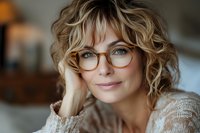 Caucasian woman with curly blonde hair and stylish glasses wearing cozy knit sweater smiles warmly while resting head on hand in natural window light setting.