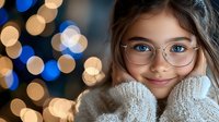 Young girl wearing round glasses and cozy white sweater smiling warmly against blurred bokeh lights background creating magical winter holiday atmosphere.