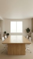 Modern minimalist conference room with wooden table and white chairs for business meetings and corporate presentations.