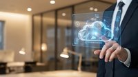 Businessman touching holographic cloud computing interface in modern office environment for digital transformation and data storage solutions.