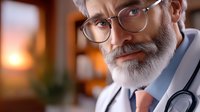Mature male doctor with gray beard and glasses wearing stethoscope smiling confidently in medical office with warm lighting and blurred background.