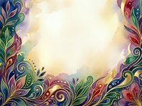 Ornate decorative floral frame with swirling botanical elements in jewel tones and gold accents, featuring empty center space for text or design placement.
