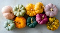 Colorful decorative pumpkins in pastel pink, mint green, bright yellow, and orange arranged on light gray concrete background, autumn seasonal display.