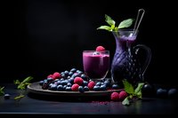 Fresh berry smoothie with raspberries and blueberries in glass and pitcher on dark background, garnished with mint leaves and fresh fruits.