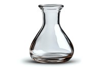 Empty clear glass vase with curved shape and wide bottom on white background, isolated transparent vessel for decorative floral arrangements.