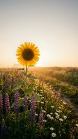 Single sunflower blooming in wildflower meadow at golden hour sunset with purple lupines and daisies creating dreamy summer landscape scene.