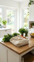 Fresh herbs and leafy greens in eco-friendly linen bag on wooden kitchen counter with potted plants creating sustainable cooking workspace.