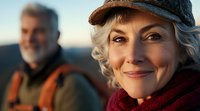 Mature Caucasian woman with gray curly hair smiling warmly outdoors, wearing red scarf and cap, with senior bearded man blurred in background during sunset.