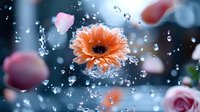 Orange gerbera daisy with water splashes and pink rose petals floating in dreamy atmosphere against blurred blue background with bokeh effect.