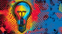 Vibrant pop art style light bulb illustration with glowing blue filament on colorful halftone background featuring red, yellow and blue grunge textures and dots pattern.