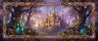 Fantasy castle landscape with ornate golden frame, mystical trees and glowing elements creating magical fairy tale scene for gaming and storytelling projects.