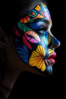 Young woman with vibrant tropical butterfly face paint featuring colorful floral patterns in blue, orange, pink and yellow for artistic makeup concepts.