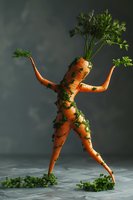 Creative food art concept showing dancing carrot figure with green parsley decoration on dark background. Perfect for healthy lifestyle, vegetarian cooking, or creative food marketing campaigns.