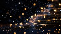 Glowing golden bokeh lights scattered across dark background with sparkle effect and light trails create magical atmospheric composition for festive designs.