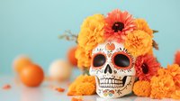 Decorated sugar skull with marigold and coral flowers on mint background, traditional Mexican celebration symbol with citrus fruits. Day of Dead concept.