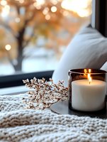 Cozy winter evening atmosphere with burning scented candle in glass holder on knitted blanket, dried floral branch and warm bokeh lights through window.