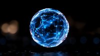 Glowing blue sphere with connected network lines floating in dark space, creating futuristic technology concept for digital transformation and global connectivity.