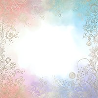 Ornate floral border frame with decorative swirls on pastel gradient background for wedding invitations, greeting cards and elegant design projects.