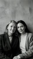 Two generations of women embracing warmly against textured wall in black and white portrait showing family bond and connection between mother and daughter.