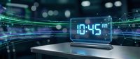 Futuristic digital alarm clock displaying 10:45 AM with glowing blue numbers surrounded by flowing light trails and network connections in modern tech environment.
