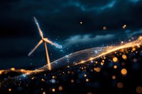 Wind turbine silhouette against dramatic night sky with glowing bokeh lights and magical sparkles creating atmospheric renewable energy concept.