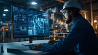 Male industrial engineer in hard hat working at computer terminal monitoring factory automation system and production line processes in manufacturing facility at night.