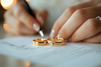 Pair of golden wedding rings on marriage certificate with bride's hands holding pen, signing document in soft natural lighting. Romantic ceremony moment.