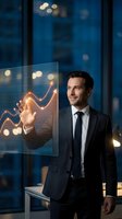 Professional businessman in suit touching holographic growth chart interface in modern office with city lights background for business success concepts.