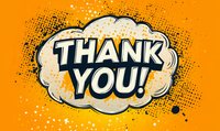 Comic style thank you text in white cloud shape with black outline on bright orange background with halftone dots pattern and splatter effect.