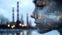 Young woman profile silhouette with multiple exposure of city lights and industrial zone at dusk, creative portrait showing connection between human and urban environment.