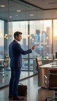 Professional businessman in navy suit interacting with holographic justice scales in modern glass office conference room at sunset.