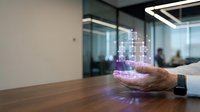 Businessman hand presenting holographic digital network connections in modern office conference room with glass walls and contemporary lighting.