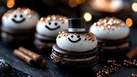 Smiling chocolate macarons with top hat decoration and white meringue faces on dark background with bokeh lights and cinnamon sticks, festive dessert styling.